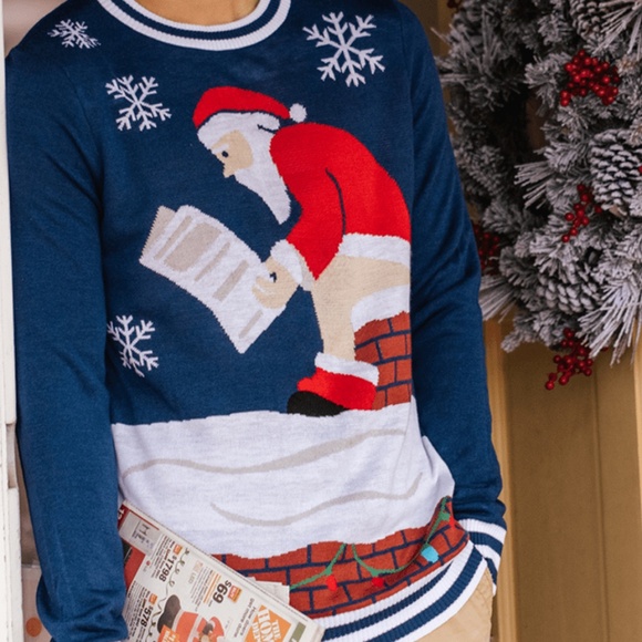 Tipsy Elves Mens Santa’s Log On The Fire Ugly Christmas Sweater - Picture 3 of 5